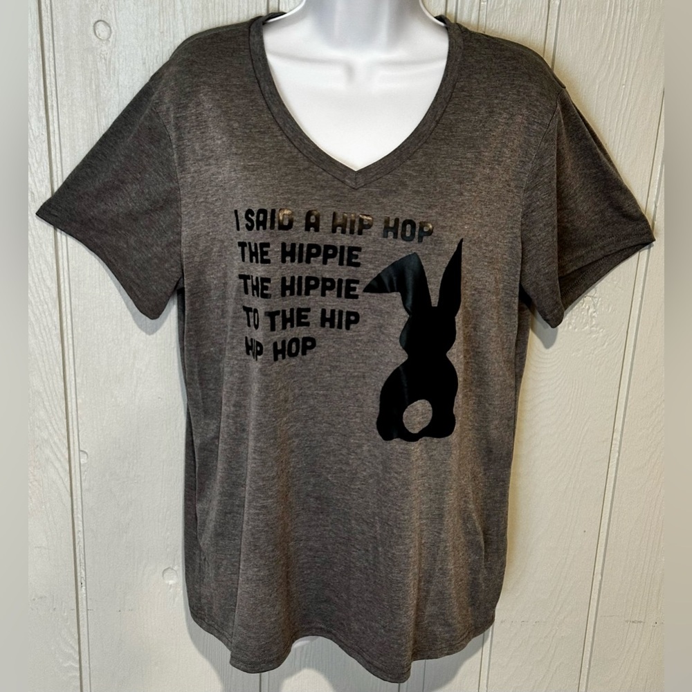 Gray V-Neck T-Shirt with Black Hip Hop Easter Bunny Graphic - FINAL PRICE